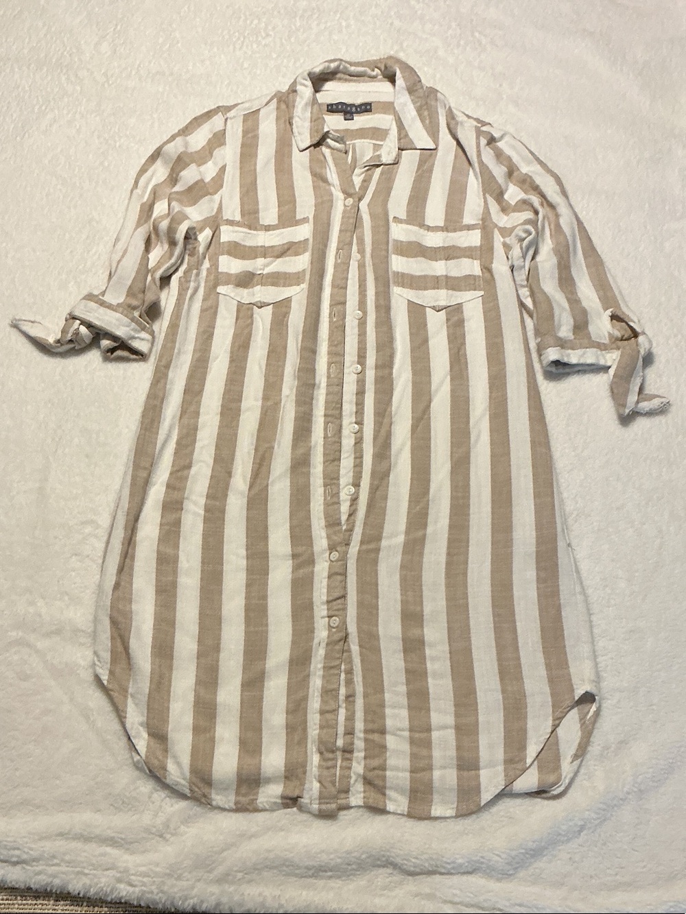 Sharagano Beige & White Striped Button-Down Shirt Dress
